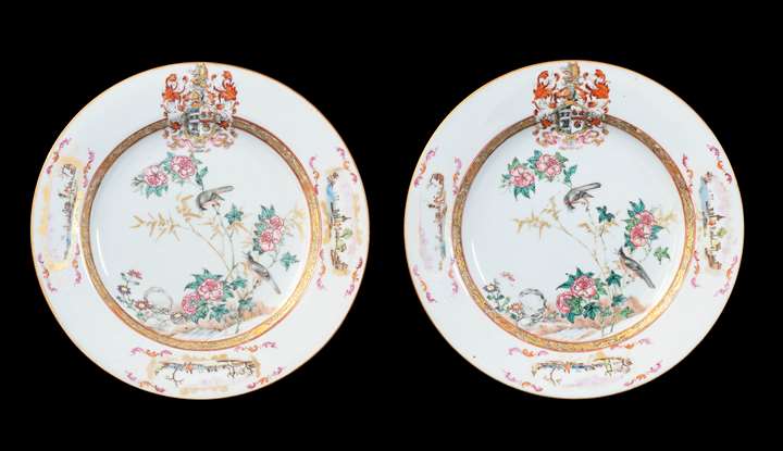 GG: Pair of Chinese armorial dinner plates, arms of Sharpe impaling Cartwright